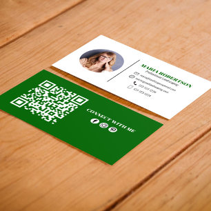 Modern Green Minimalist QR Code Social Media Business Card