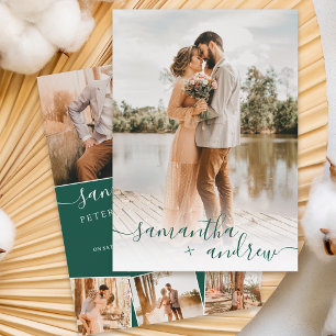 Modern green minimalist script photos wedding invitation