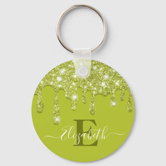 Modern Green Mint Drips Glitter Monogram Key Ring (Front)