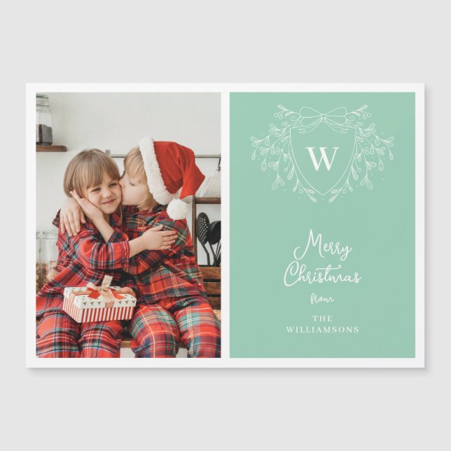 Modern green mint white crest photo magnetic card (Front)