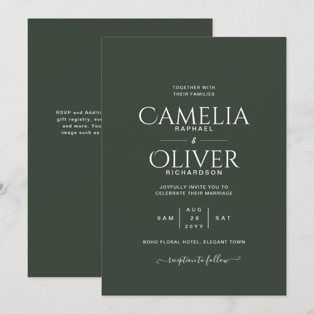 Modern Green Monochrome Wedding Invitation (Front/Back)