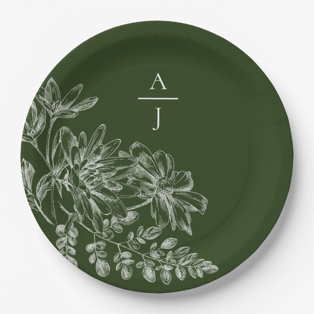 Modern Green Monogram Floral Paper Plate (Front)