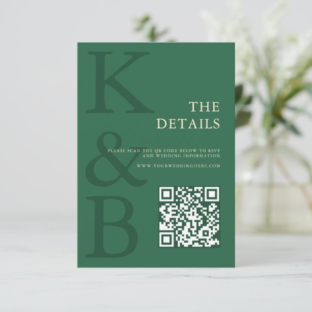 Modern Green Monogram Minimalist Wedding Enclosure Card (Standing Front)