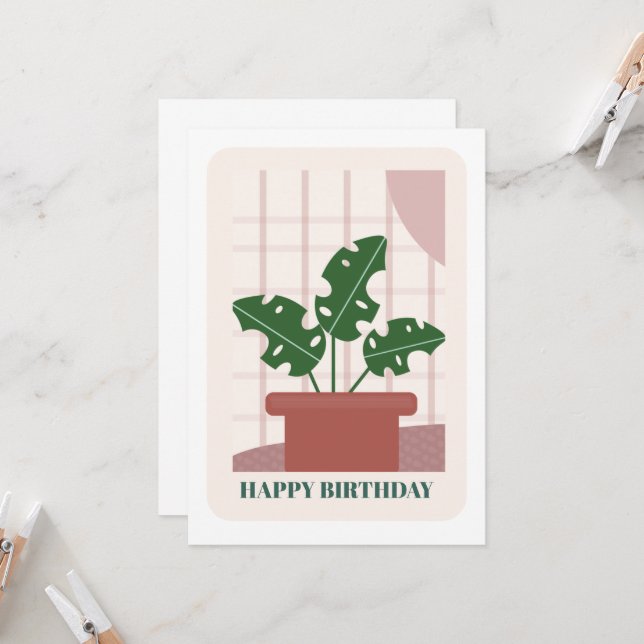 Modern Green Monstera Leaf Plant Birthday Card (Front/Back In Situ)