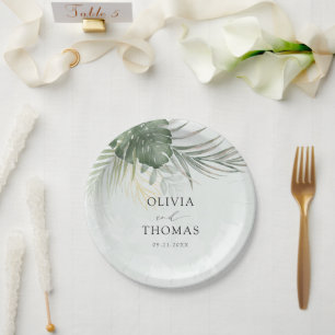 Modern Green Monstera Tropical Wedding Paper Plate