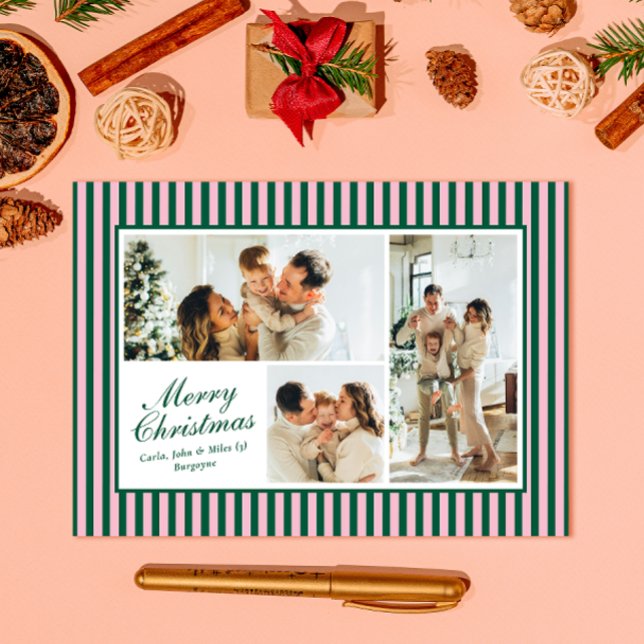 Modern Green n Pink Stripe 3 Photo Christmas Card (Creator Uploaded)