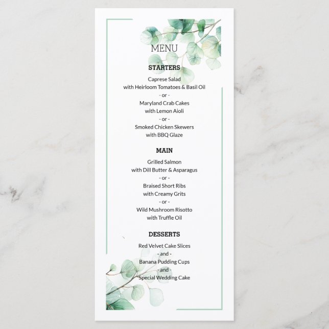 Modern Green Natural Botanical Pattern Wedding Menu (Front)