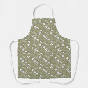 Modern Green Nature White Flowers Floral Pattern Apron