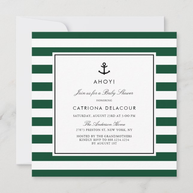 Modern Green Nautical Stripes Baby Shower Invitation (Front)