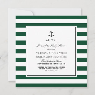Modern Green Nautical Stripes Baby Shower Invitation