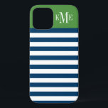 Modern Green Navy Stripes Custom Monogram iPhone 12 Case<br><div class="desc">Dress up and protect your iphone with a simple,  modern and stylish striped pattern design that is custom monogrammed with your first,  middle and last name initials in a preppy serif font.  Dark navy blue and white horizontal stripes contrasted with an olive green colour block background.</div>