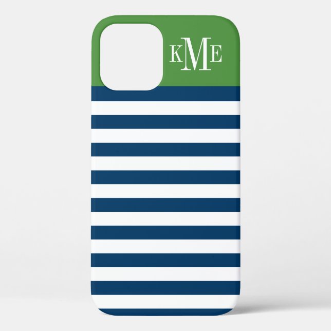 Modern Green Navy Stripes Custom Monogram Case-Mate iPhone Case (Back)