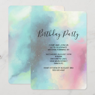 Modern Green Nebula Faded Watercolor Birthday Invitation
