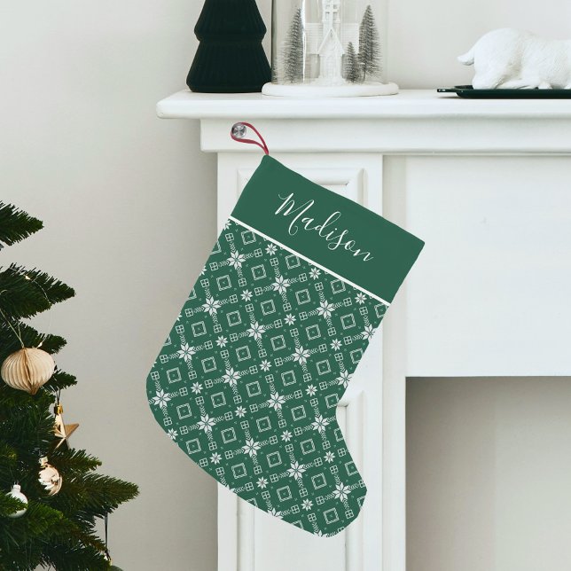 Modern Green Nordic Snowflake Personalised Small Christmas Stocking (Creator Uploaded)