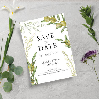 Modern Green Olive Branch Flat Save The Date Card