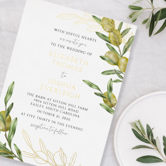 Modern Green Olive Branch Wedding Foil Invitation