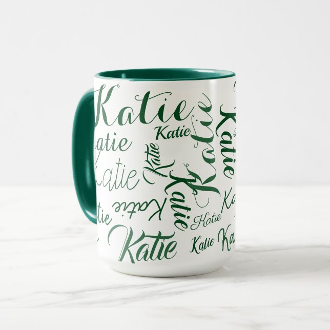 modern green on white handwritten names mug (Front Left)
