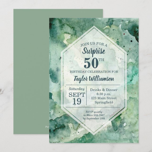 Modern Green Painted Watercolor Birthday Invites (Front/Back)