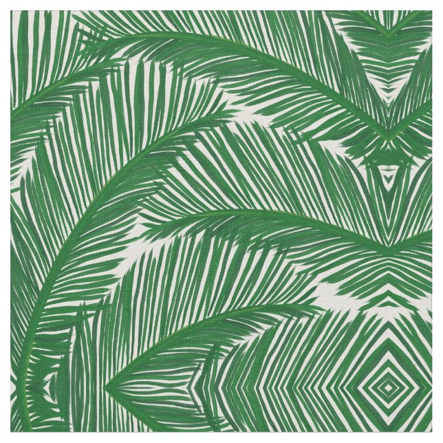 Modern Green Palm Leaf Tropical Pattern Fabric (Close Up)
