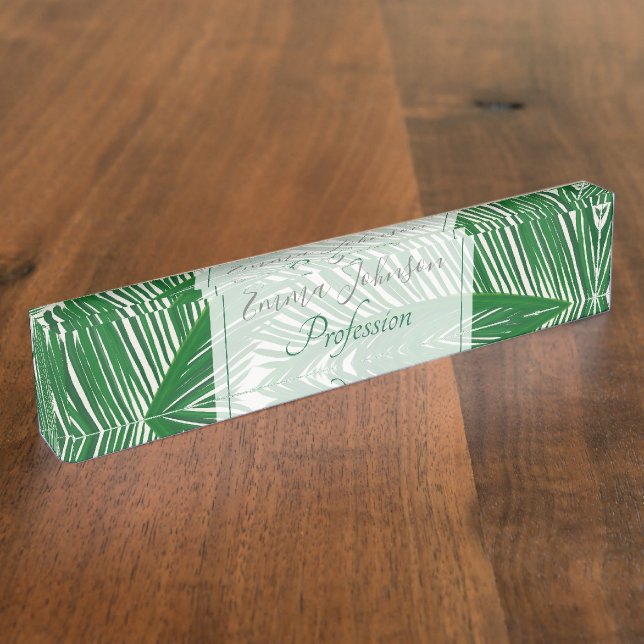 Modern Green Palm Leaf Tropical Pattern Nameplate (Side)