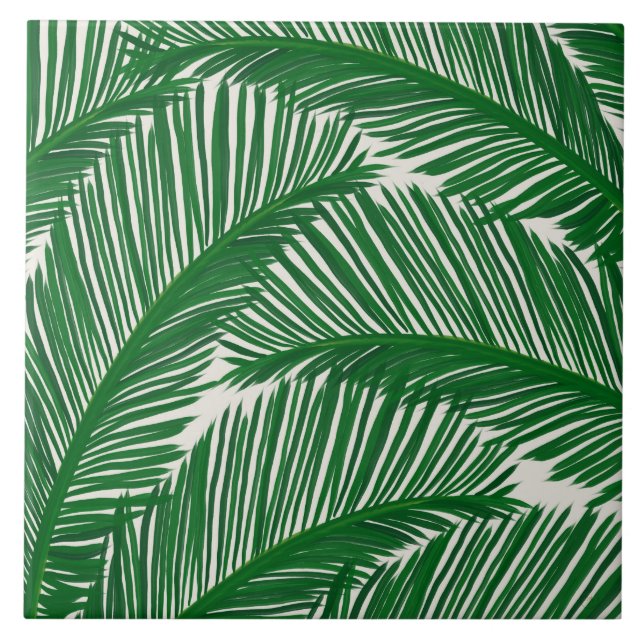 Modern Green Palm Leaf Tropical Pattern Tile (Front)