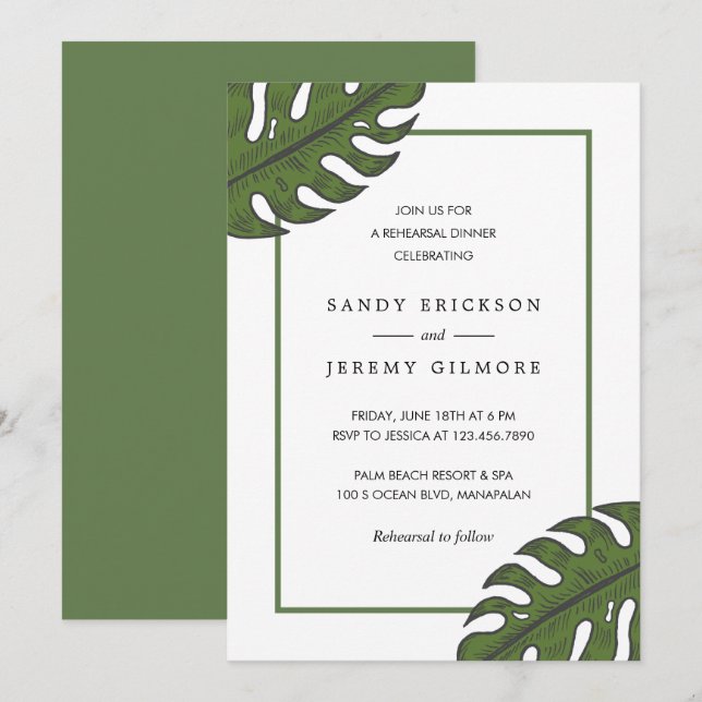 Modern Green Palm Leaf Tropical Rehearsal Dinner Invitation (Front/Back)