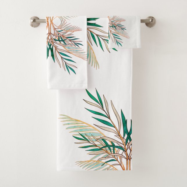 Modern Green Palm Leaves Beach Bathroom  Bath Towel Set (Insitu)