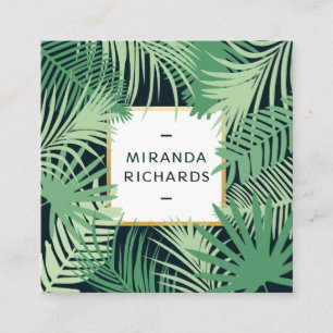 Modern Green Palm Leaves Tropical Accent Square Business Card