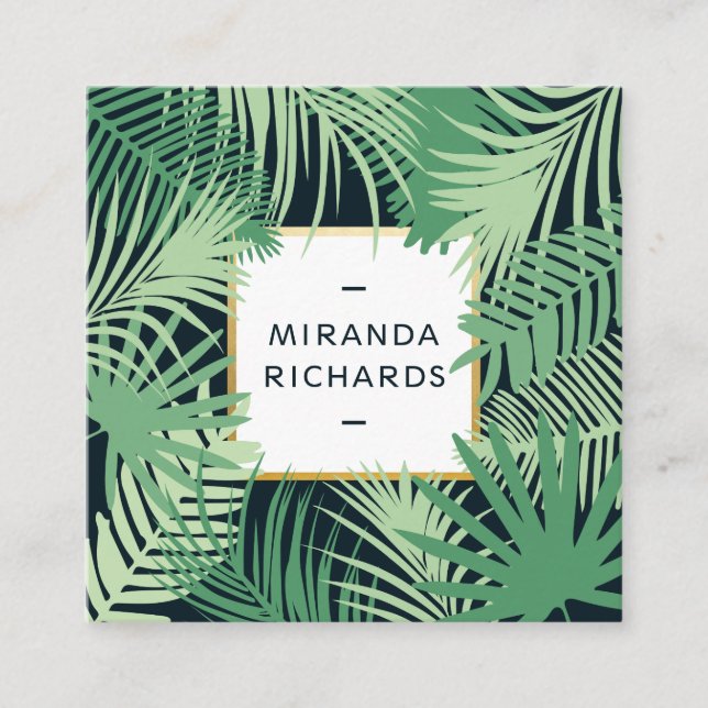 Modern Green Palm Leaves Tropical Accent Square Business Card (Front)