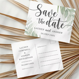 Modern Green Palms Save the Date Postcard