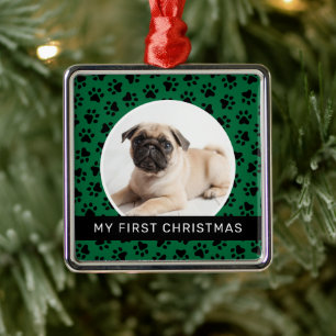 Modern Green Paw Print Puppy First Christmas Photo Metal Tree Decoration