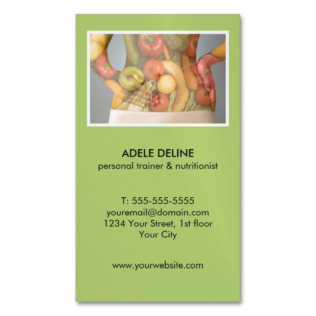 Modern Green Personal Trainer and Nutritionist Magnetic Business Card (Front Vertical)