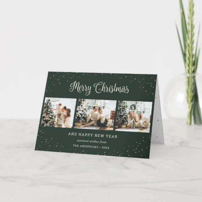 Modern Green Photo Collage Merry Christmas Cards (Front)