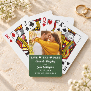 Modern Green Photo Heart Save the Date Playing Cards