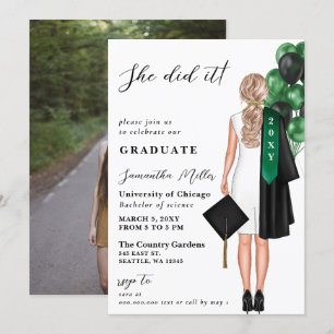 Modern Green Photo She Did It Graduation Invitation