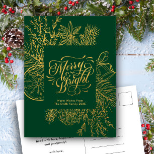 Modern Green Pine Bough Floral Elegant Script Holiday Postcard