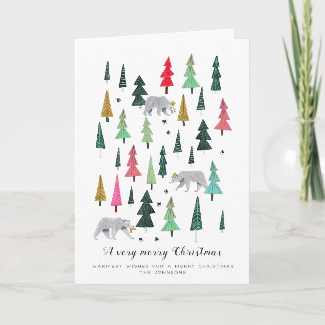 Modern green & pink Bears & Forest Trees pattern Holiday Card (Front)