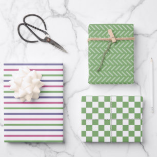 Modern Green, Pink, Blue Stripes, Green Checkered Wrapping Paper Sheet
