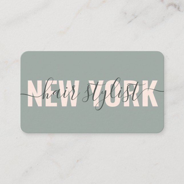 Modern green pink hair stylist script signature business card (Front)