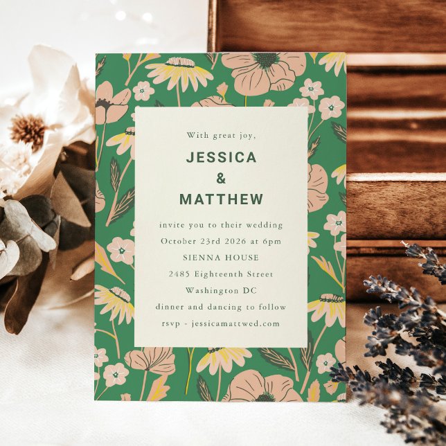 Modern Green Pink Summer Garden Floral Wedding Invitation (Creator Uploaded)