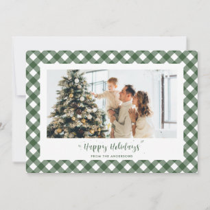 Modern Green Plaid Calligraphy Photo Holiday Card