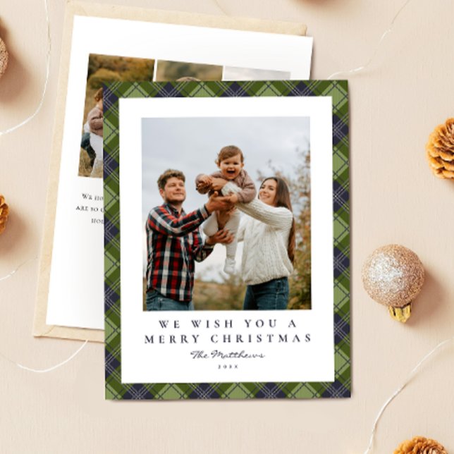 Modern Green Plaid Family Photo Christmas Holiday Card (Creator Uploaded)