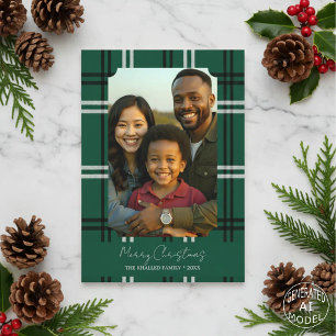 Modern Green Plaid Family Photo Holiday Greeting Card