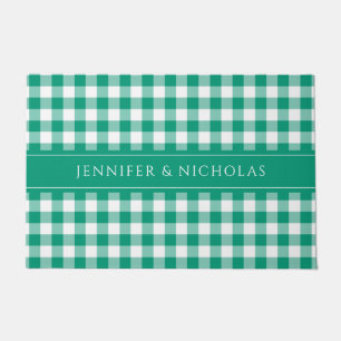 Modern Green Plaid Gingham Name Doormat