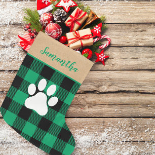 Modern Green Plaid & Name Dog Paw Large Christmas Stocking