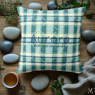 Modern Green Plaid Pattern with Geometric Line Cushion