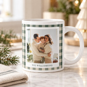 Modern Green Plaid Rustic Photo Christmas Holiday Large Coffee Mug