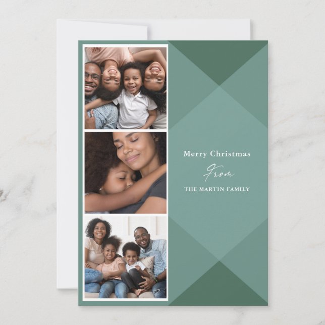 Modern Green Plaid Three Photo Calligraphy Holiday Card (Front)
