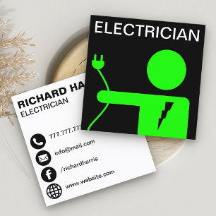 Modern Green Power Plug Electrician Square Business Card