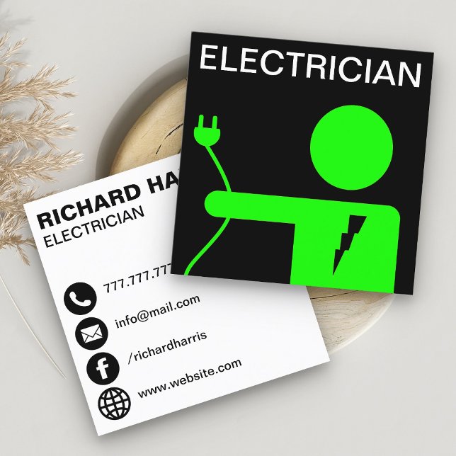 Modern Green Power Plug Electrician Square Business Card (Creator Uploaded)